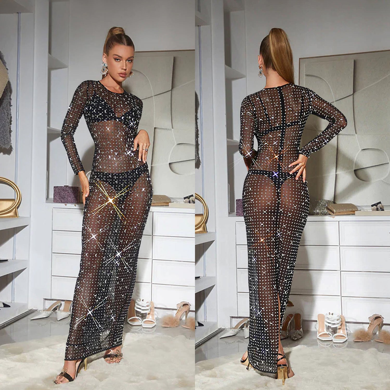 Women's Wear Pure Color Mesh Rhinestone Long Dress