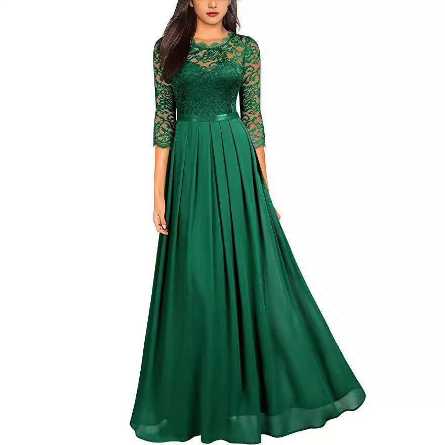 Women's Long Chiffon Round Neck Lace Dress
