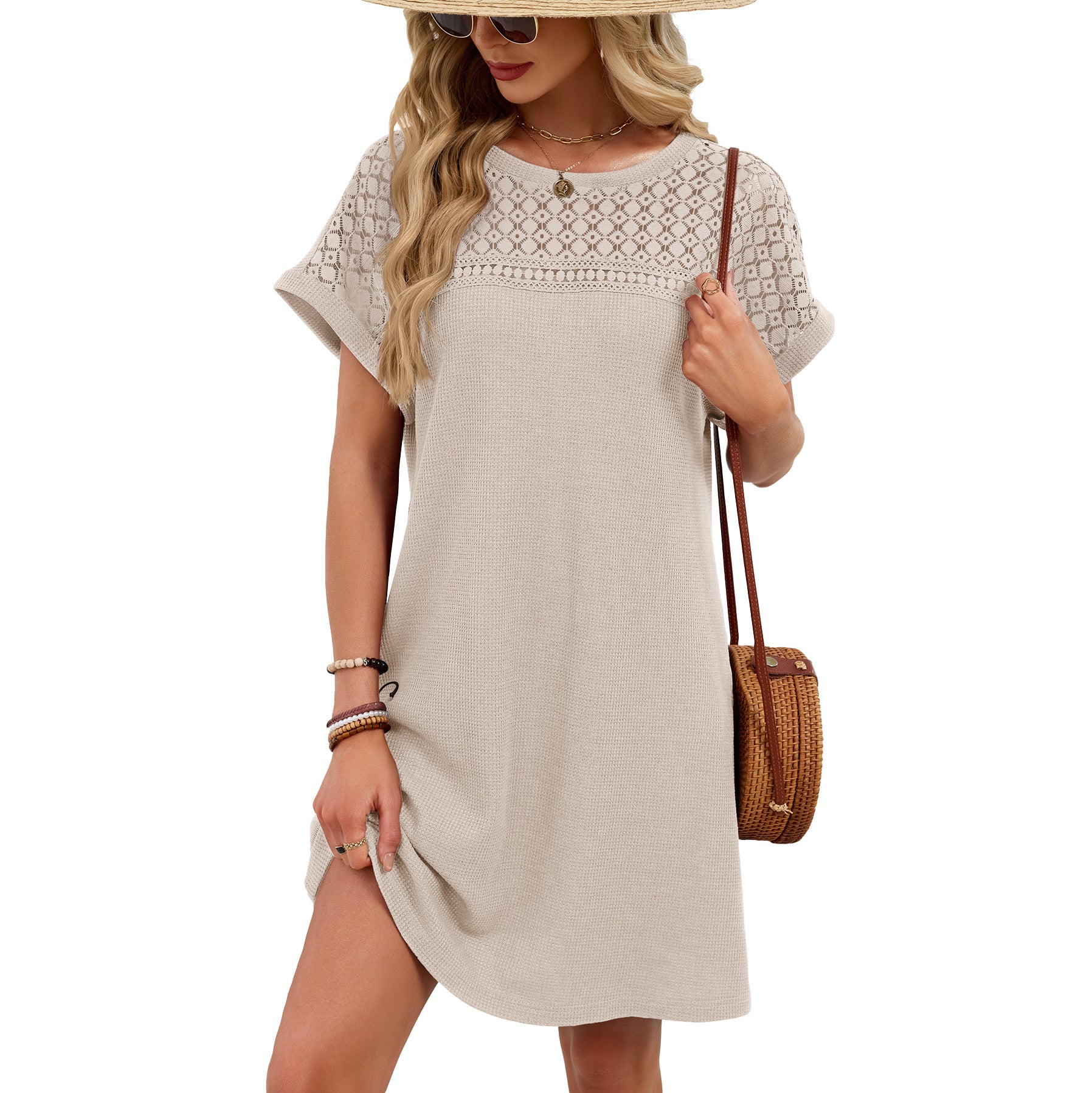 Solid Color Round Neck Lace Stitching Loose Dress