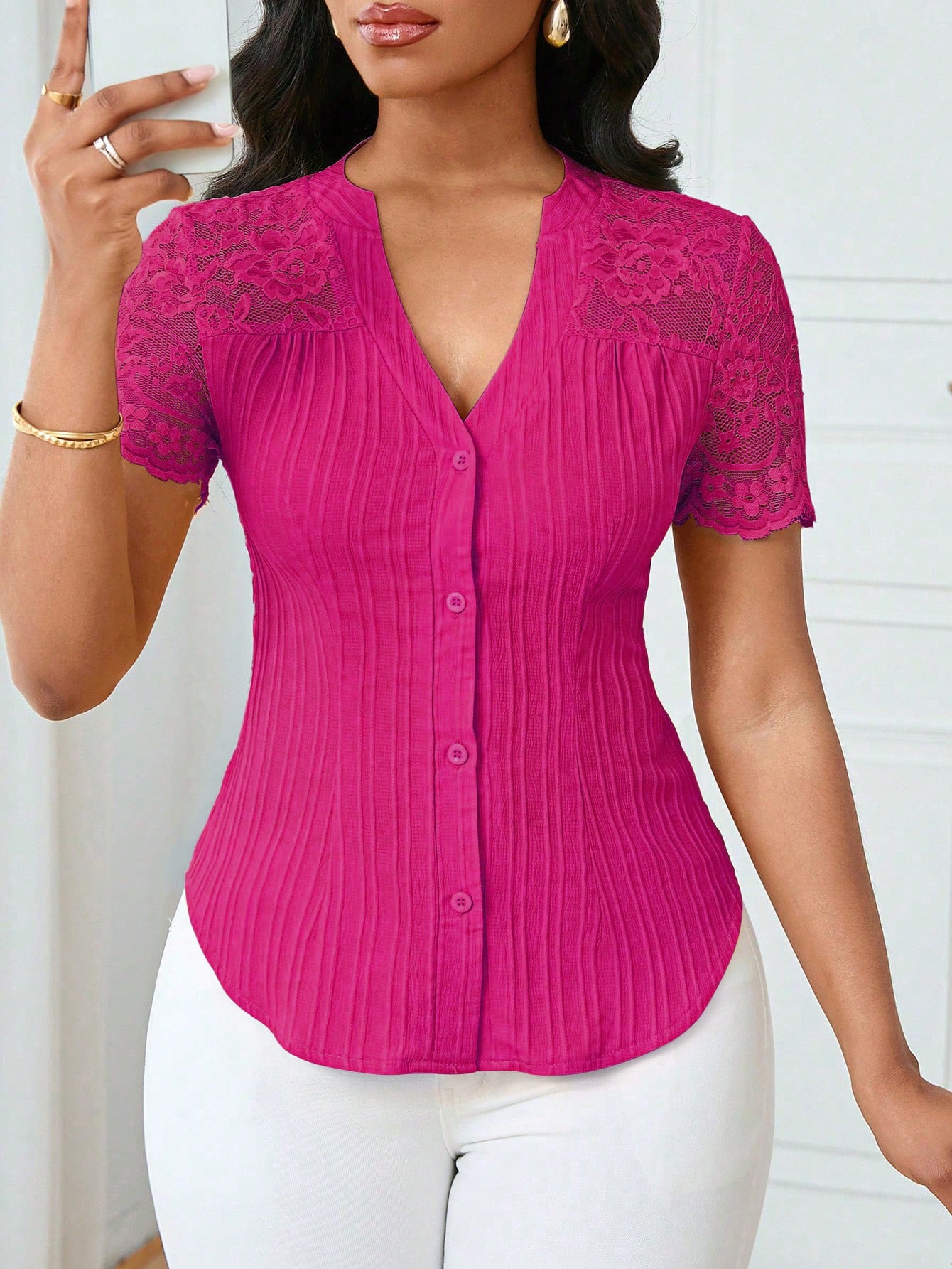 Fashionable Single-breasted Solid Color Embroidery Hollow Women's T-shirt