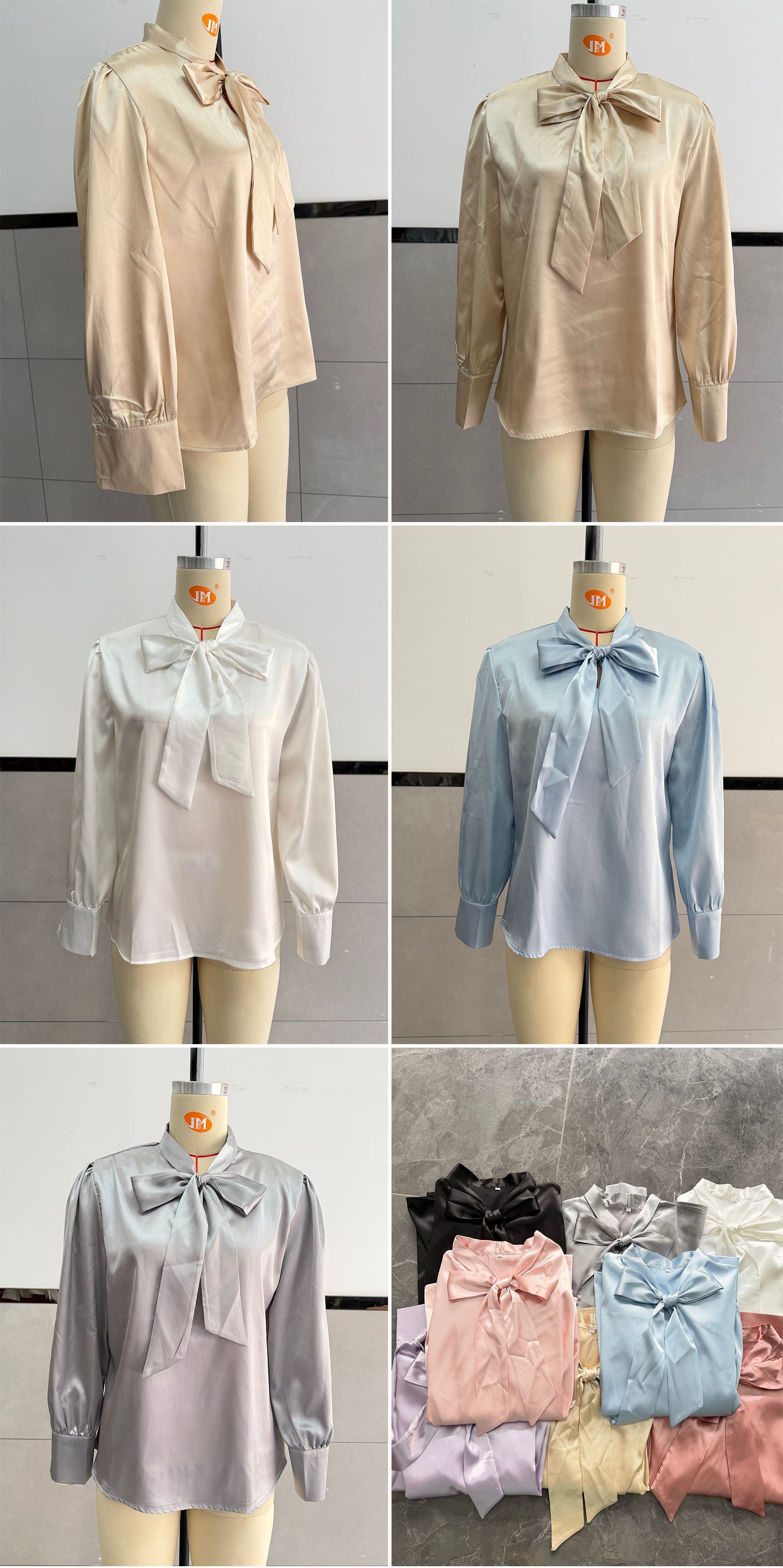 Women's Autumn Long Sleeve Bowknot Satin Shirt Tops