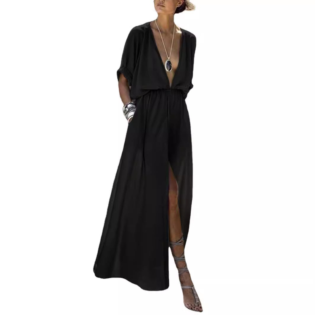 Deep V Sexy Elastic Waisted Half Sleeve Split Dress