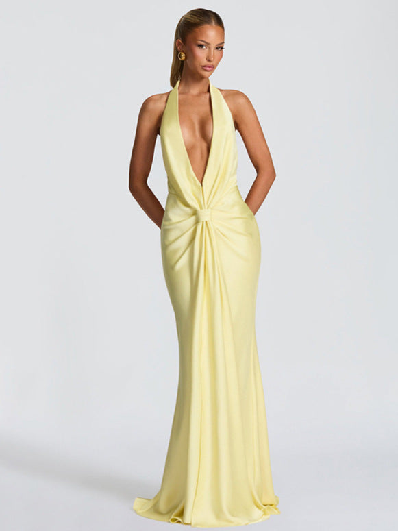 Women's Elegant Sexy Deep Halter Backless Ribbon Solid Color Dress