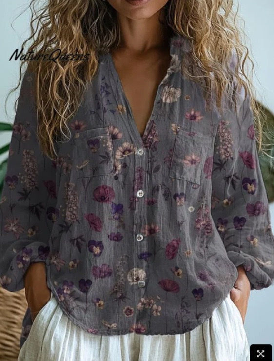 Women's Shirt Printed Linen Fabric Can Be Made Blouse