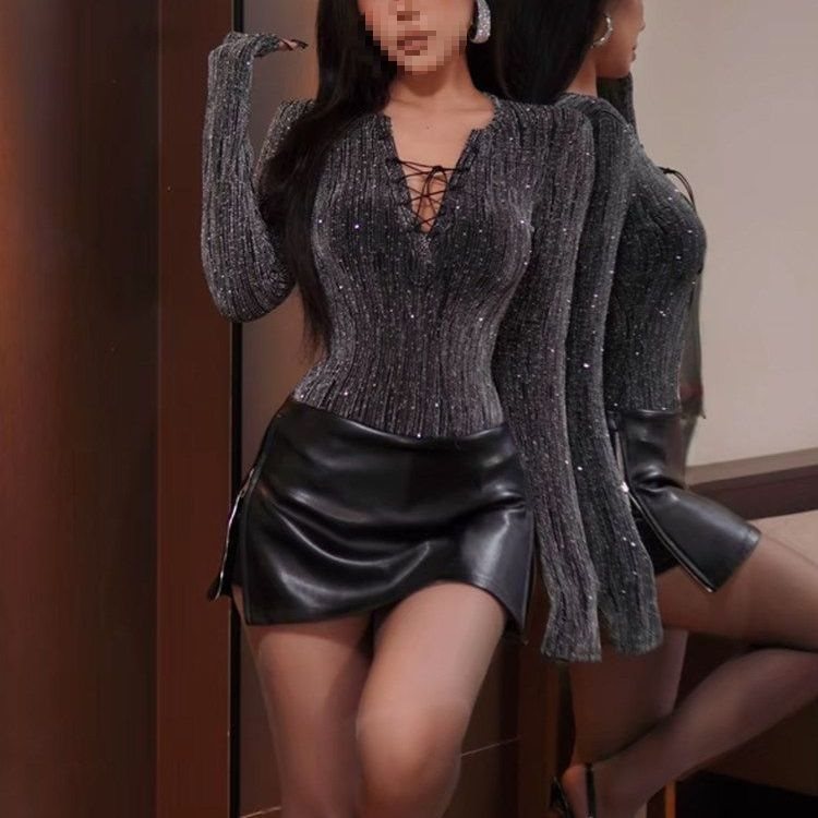 Slimming Long Sleeves Slim Fit Star Yarn Shiny Diamond Tops
