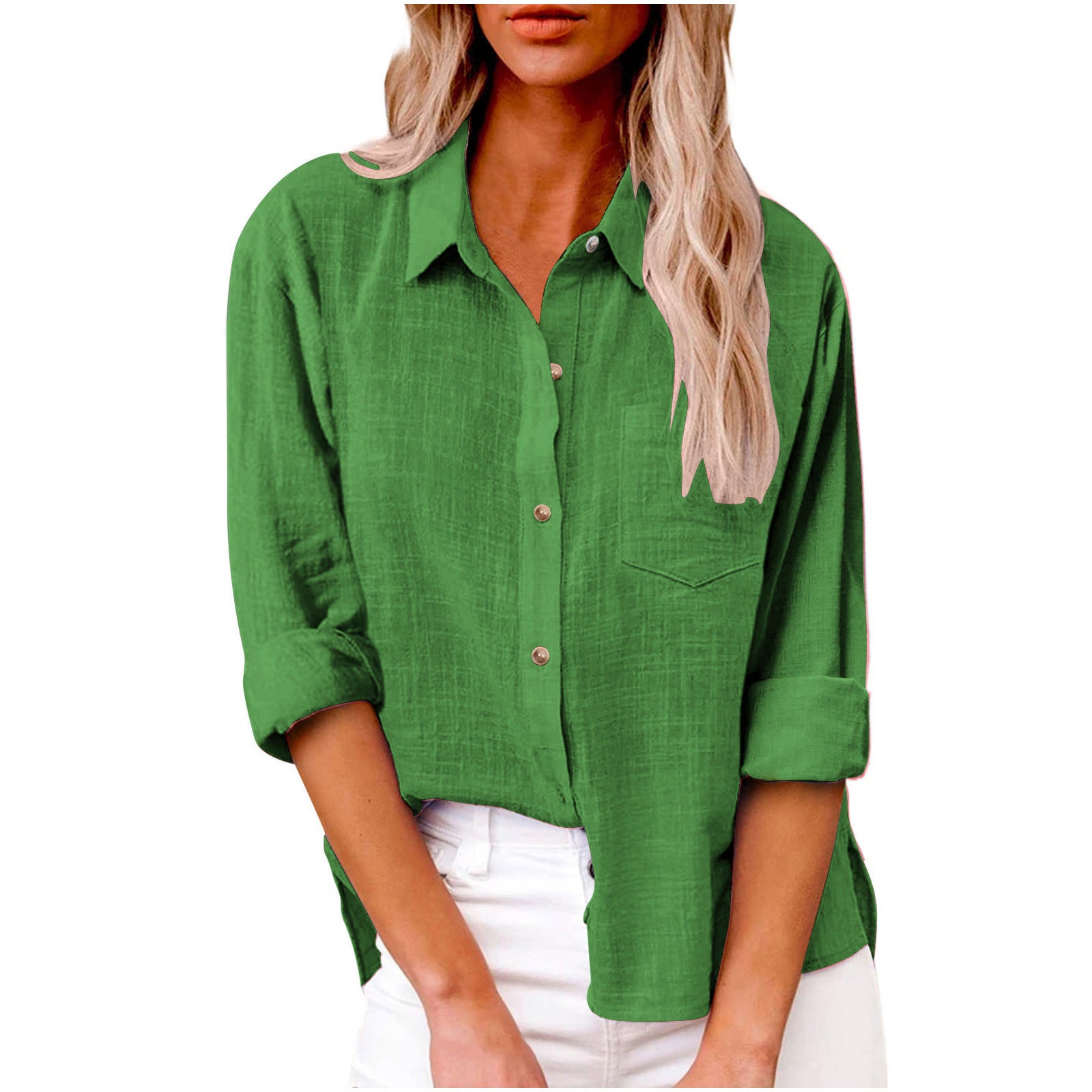 Women's Solid Colored Lapel Button Long-sleeved Cotton Linen Blouse