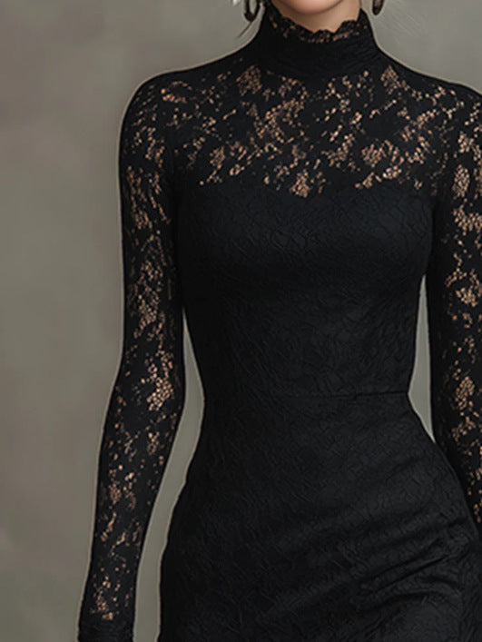 Elegant Party Black Stretch Lace Fishtail Dress