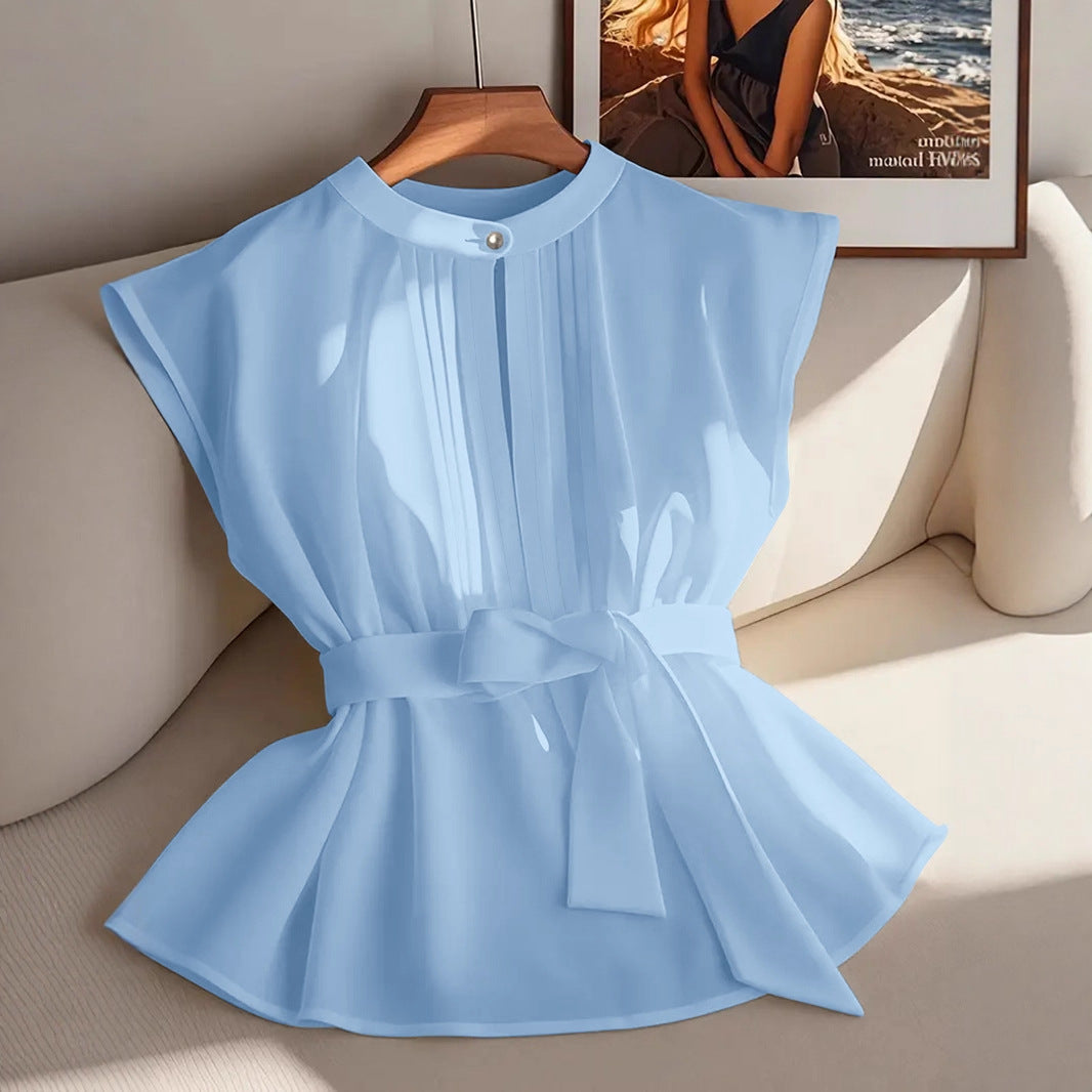 Women's Solid Color Sleeveless With Belt Pleated Blouse