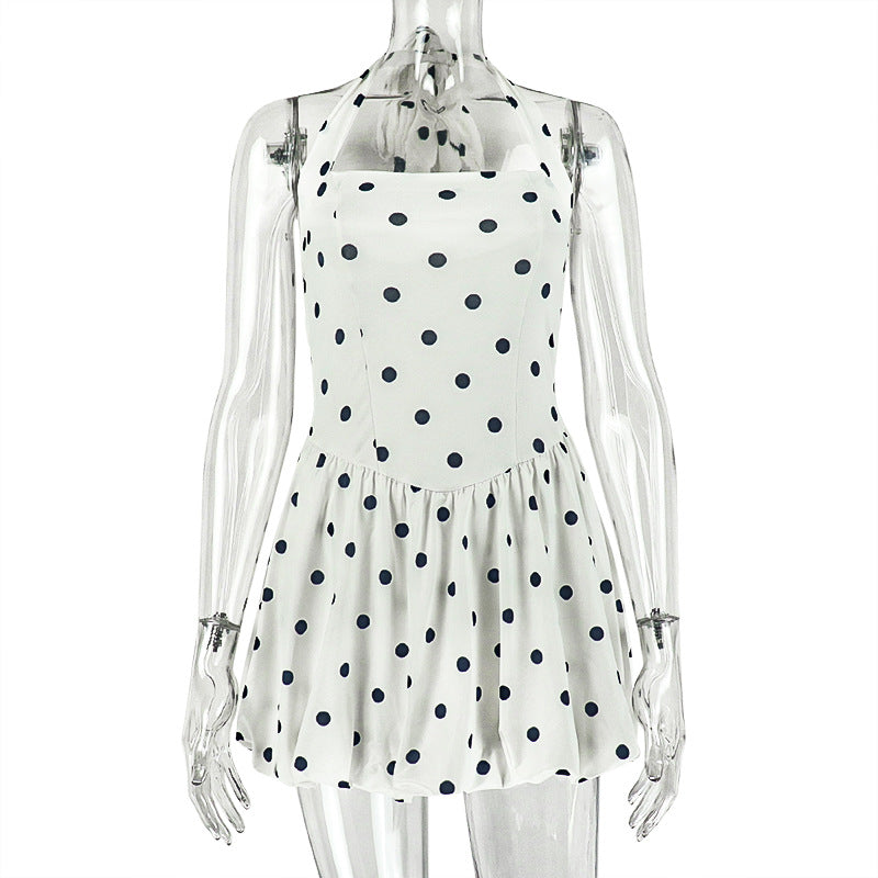 Women's Black White Printed Wear Polka-dot Cinched Pleated A- Line Halter Skirts