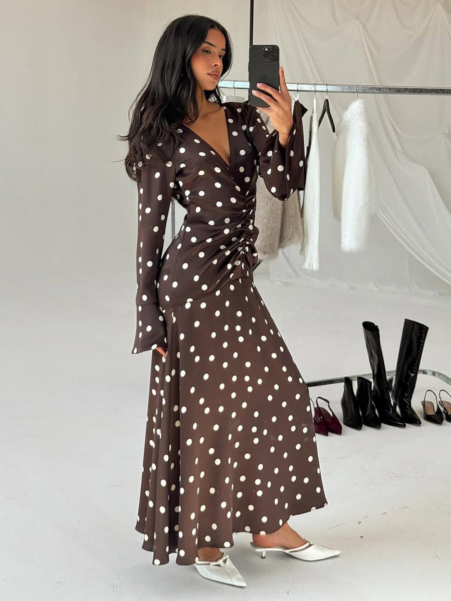 Women's Polka Dot Long Sleeve Summer Pleating Flared Sleeves Dress