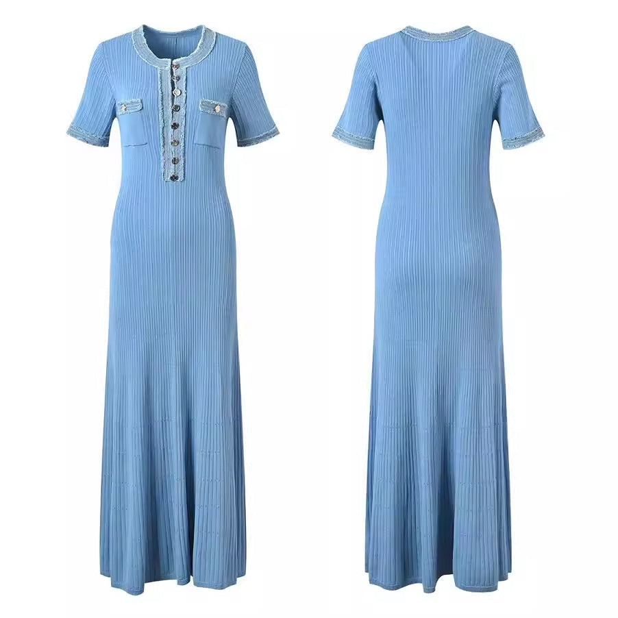 Women's Summer Fashion Round Neck Denim Single-breasted Patchwork Knitting Dress