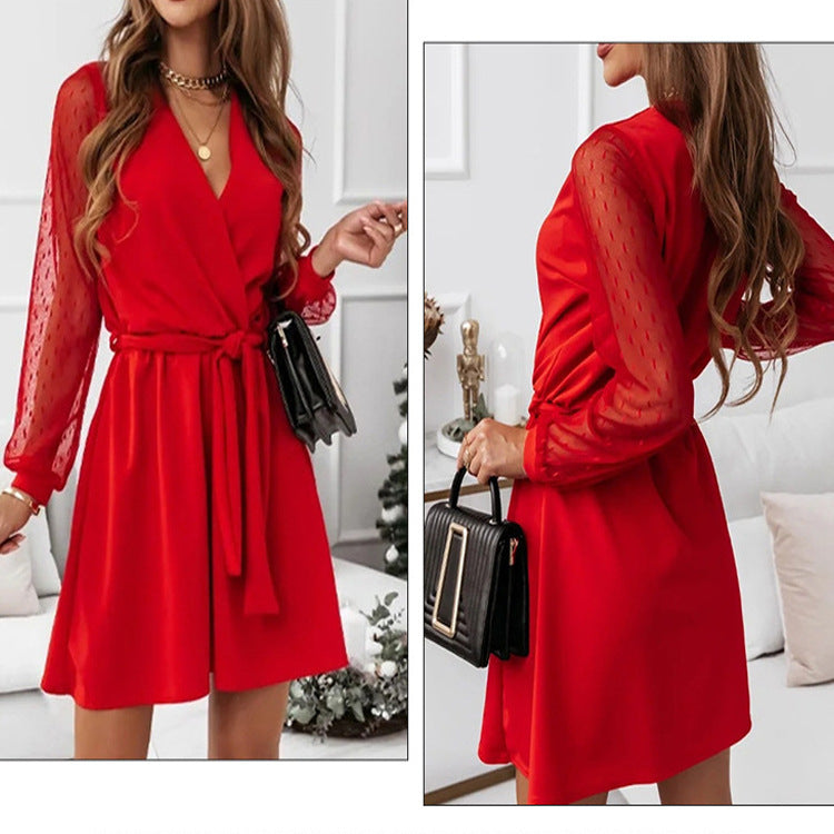 Fashion Temperament Mesh Stitching Elegant Long Sleeve Big Dress