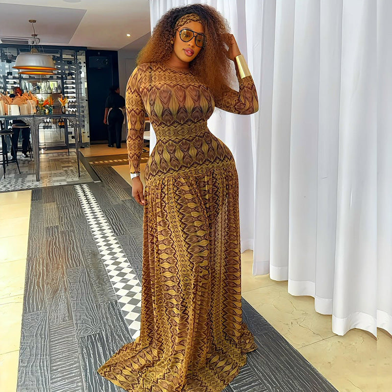 Women's Elegant Retro Waist Slimming A- Line Printed Dress