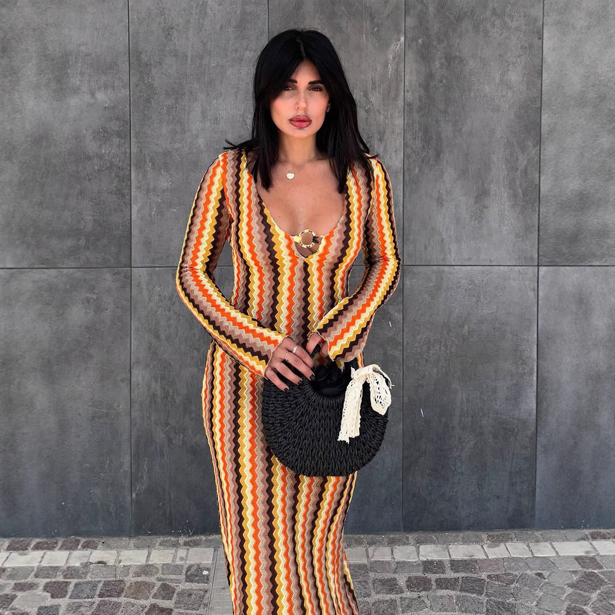 Women's Sexy Autumn Slim Long Sleeve Yarn-dyed Dress