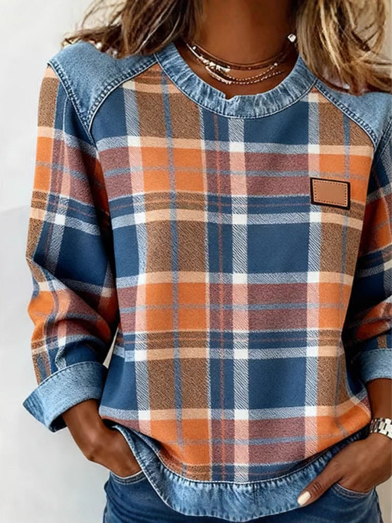 Women's Plaid Stitching Denim Round Neck Loose-fitting Source Sweaters