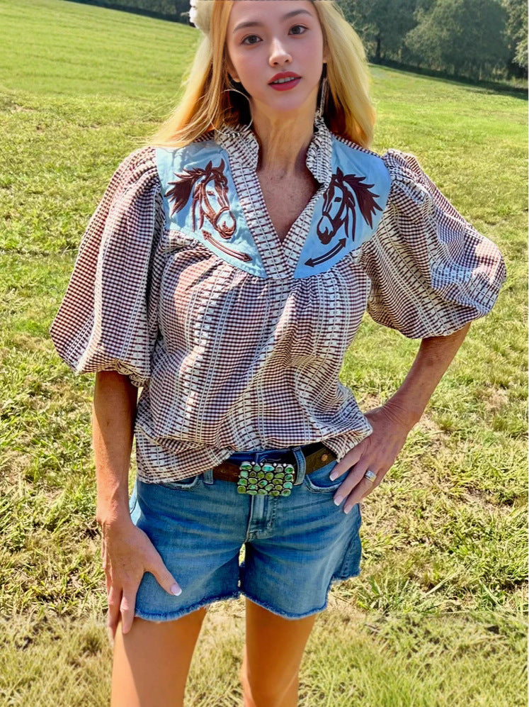 Casual Women's Embroidered Printed Short-sleeved Shirt Blouse