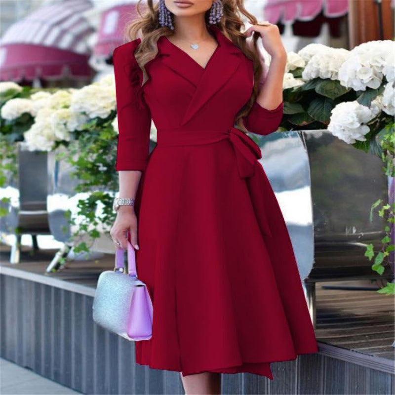 Autumn Three-quarter Sleeve Fashion Tie Waist Trimming Dress