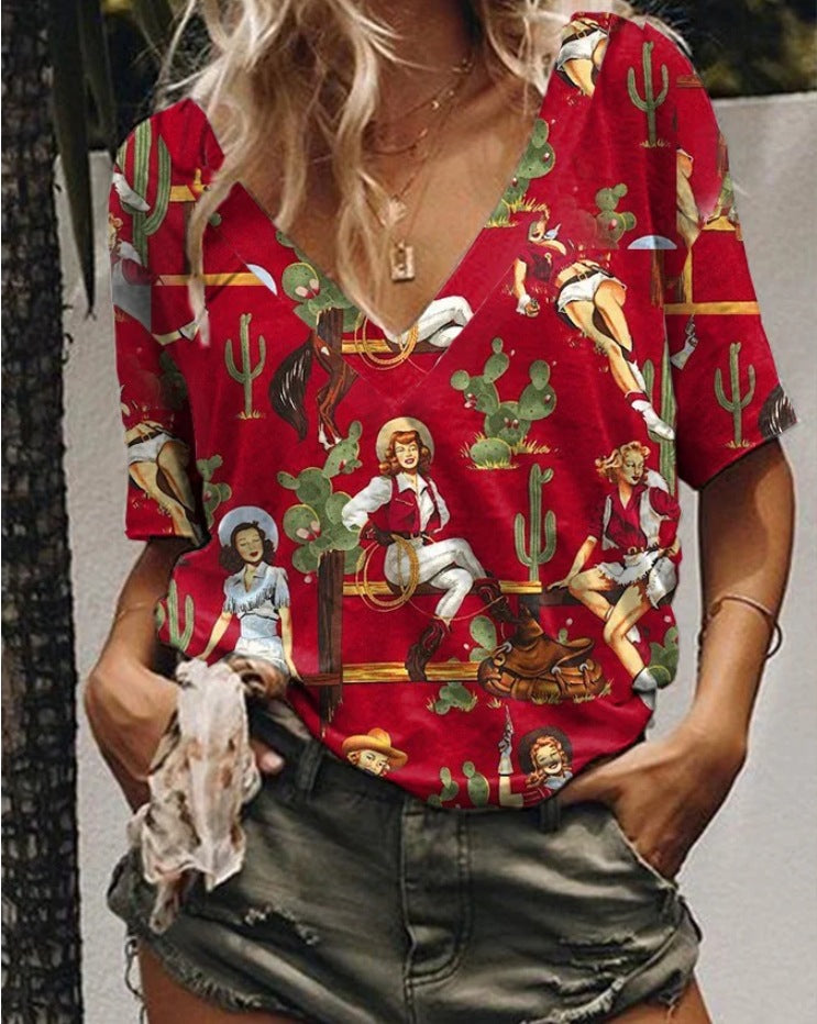 Women's Digital Printed Western Denim Short-sleeved Women's T-shirt