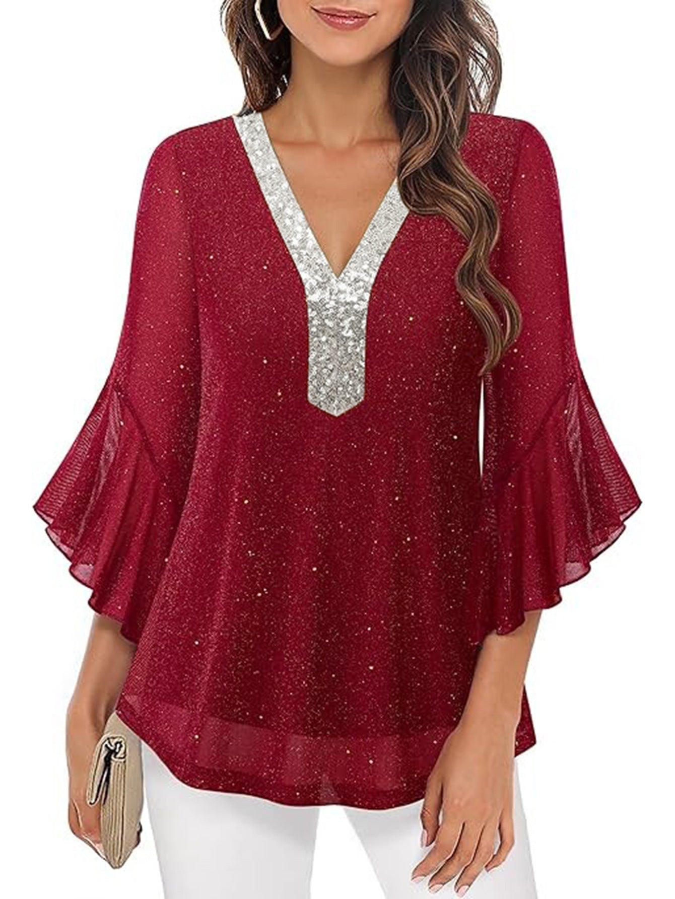 Stylish Spring Wear Sequined Pullover Shirt Blouse