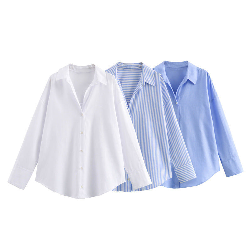Women's Single Summer Cotton Loose Casual Long Sleeves Oxford Blouse