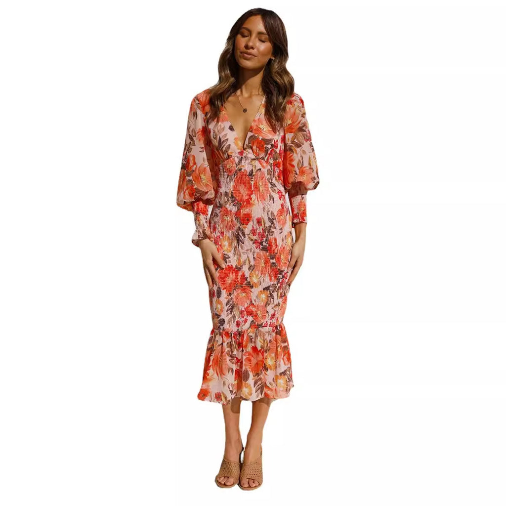 Women's Elegant Elastic Waist Long Sleeve Printed Skirts