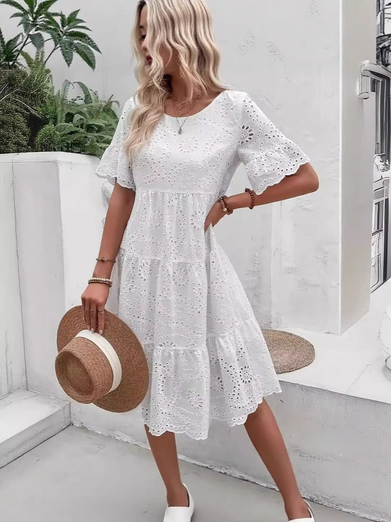 Fashion Solid Color Cotton Cloth Embroidery Dress