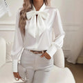 Women's Pure Color Casual Versatile Bow Satin Shirt Blouse
