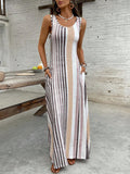 Women's Fashion Casual Sleeveless Striped Round Neck Pocket Clothing
