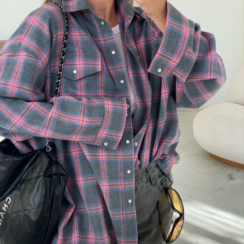 Women's Style Lapel Loose Shirt Autumn Plaid Long Blouse