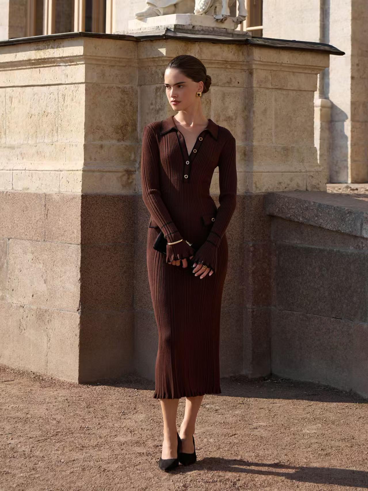 Entry Lux Ruffled Knitted Woolen Lapel Tight Dress