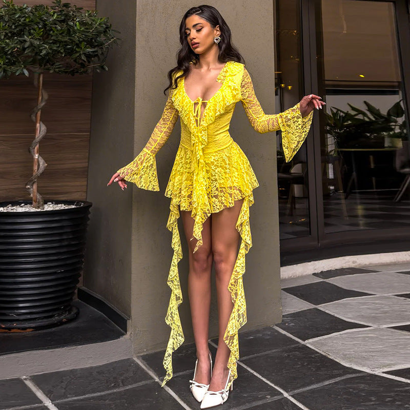 Women's Sexy Lace Strap Rope Long Sleeve Dress