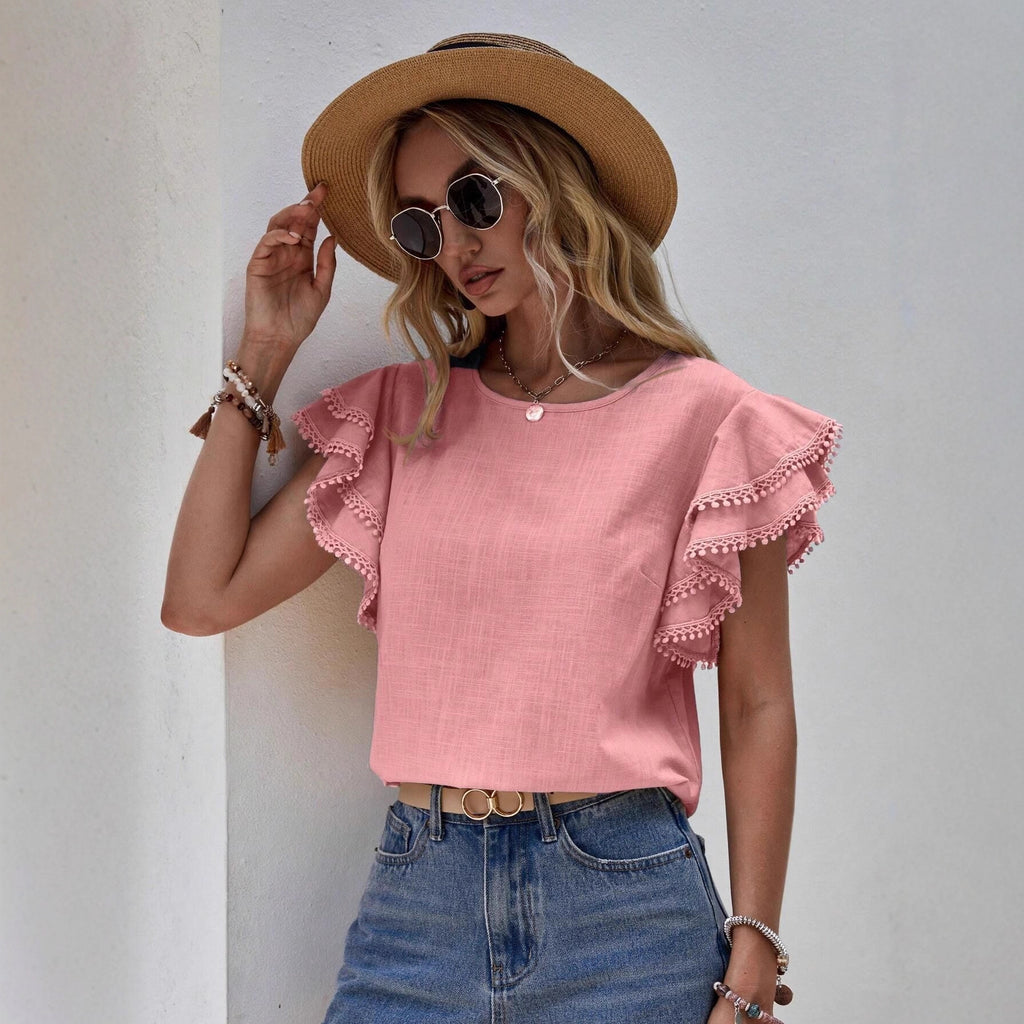 Women's Pleated Sleeves Round Neck Shirt Solid Color Casual Women's T-shirt