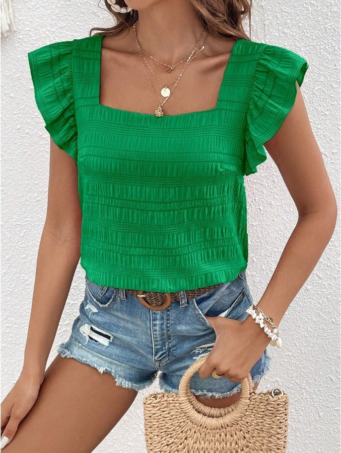 Women's Square Collar Ruffles Sleeve Shirt Female Tops