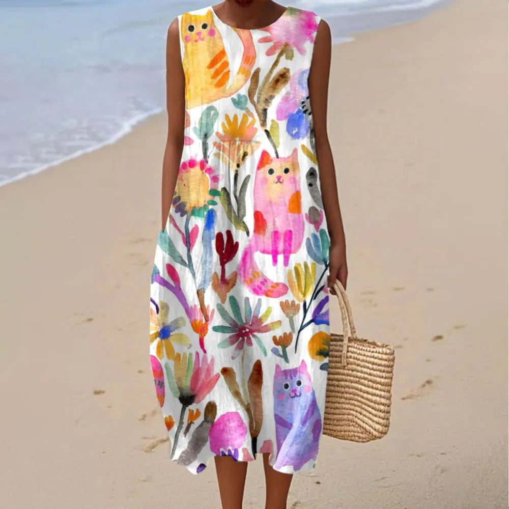 Women's Printed Round Neck Pullover Fashion Casual Dress