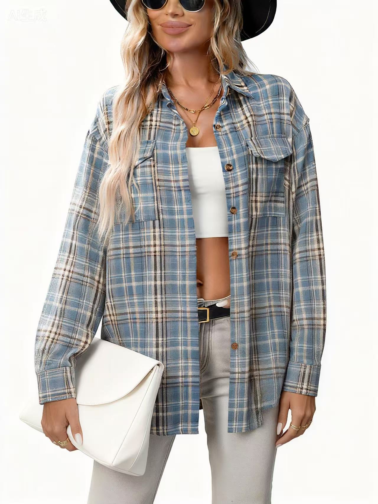 Women's Casual Fashion Loose Plaid Pocket Shirt Blouse