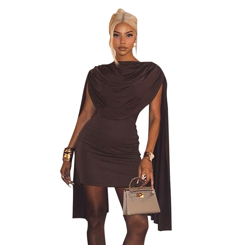Women's Elegant Pleated Round Neck Stitching Tippet Dress