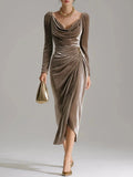Women's Gold Veet Sexy Slimming Long Sleeves Pleated Slit Dress
