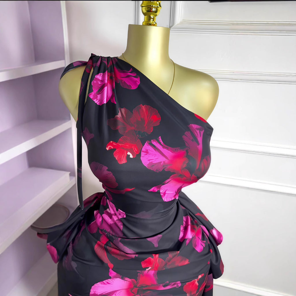 Women's Sleeveless Diagonal Collar Printed Tied Lotus Dress