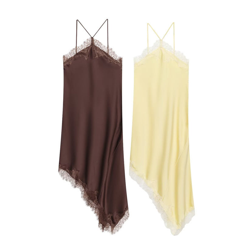 Women's Fashion Wear Lace Silk Satin Texture Dress
