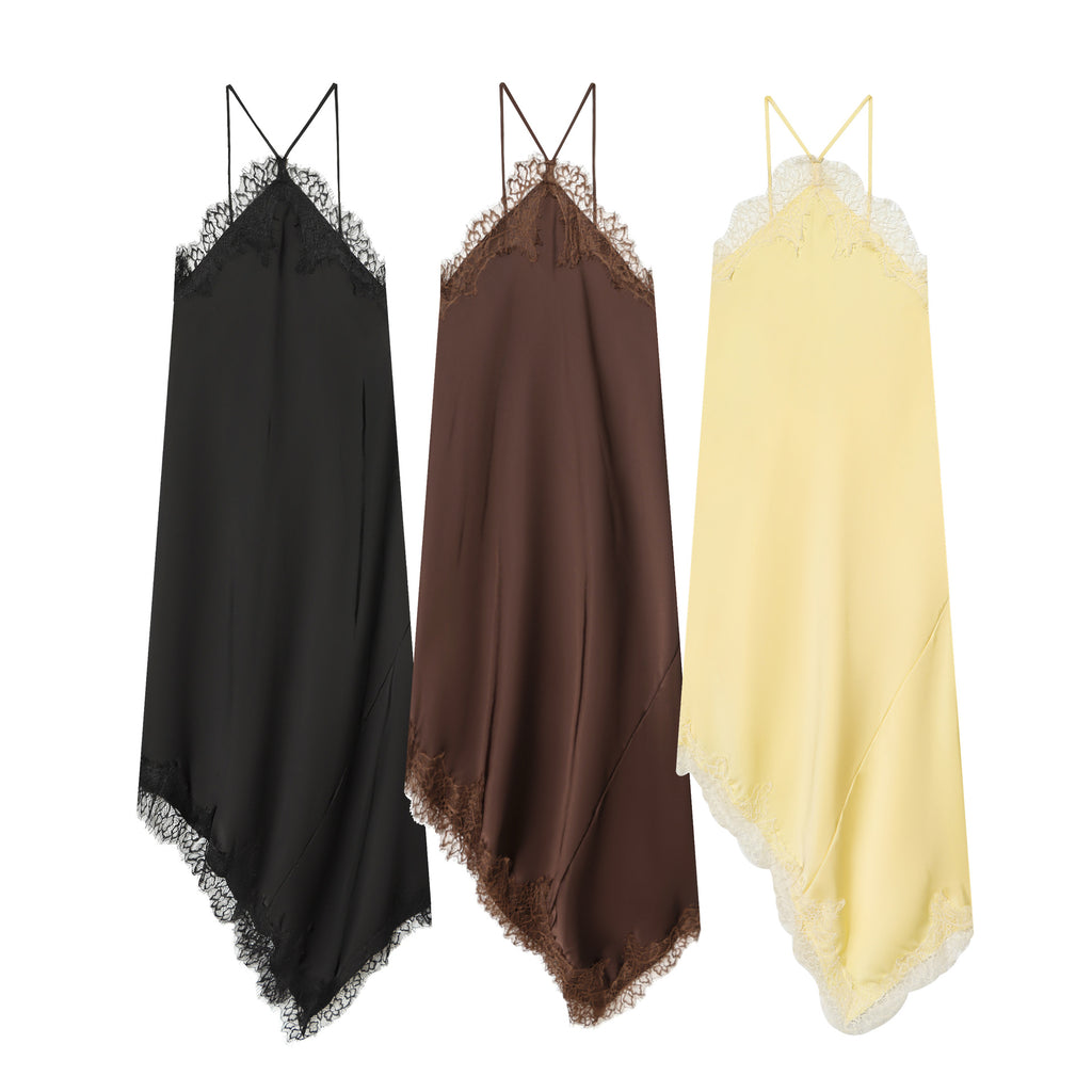 Women's Spring Pullover Sleeveless Lace Silk Satin Dress