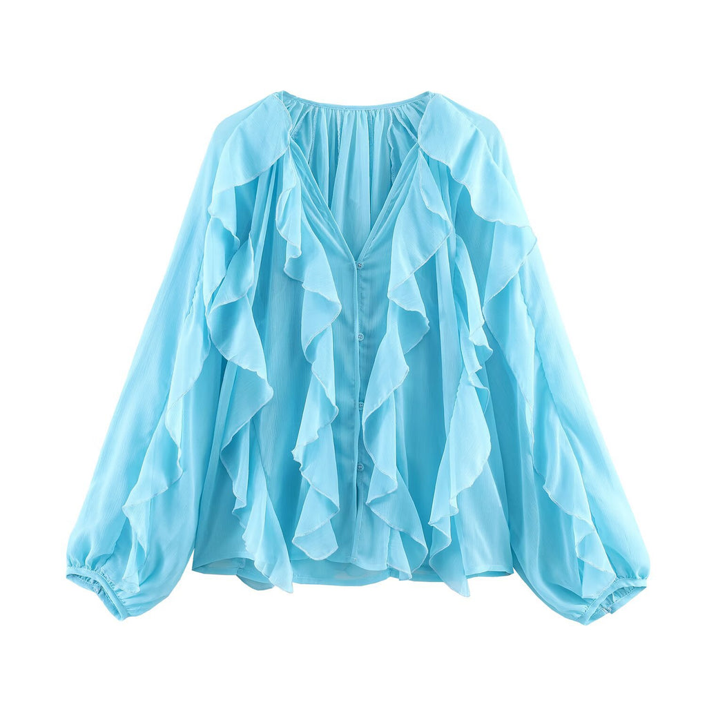 Spring Laminated Decoration Solid Color Shirt Blouse