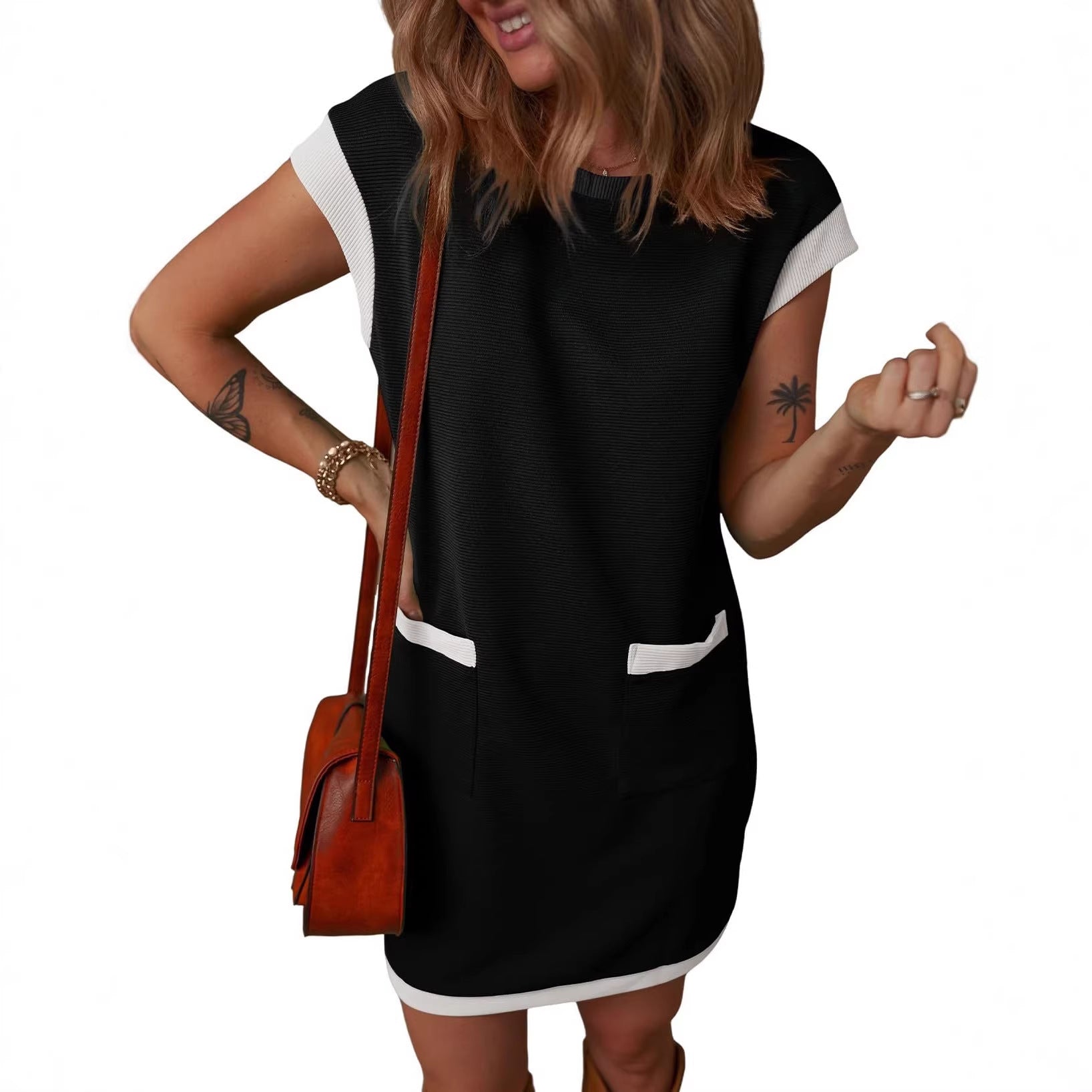 Women's Pullover Pocket Cover Sleeve Color Matching Straight Dress