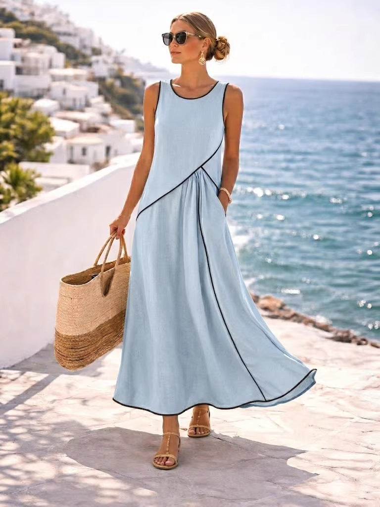 Women's Mediterranean Vacation Style Contrast Color Binding A- Dress