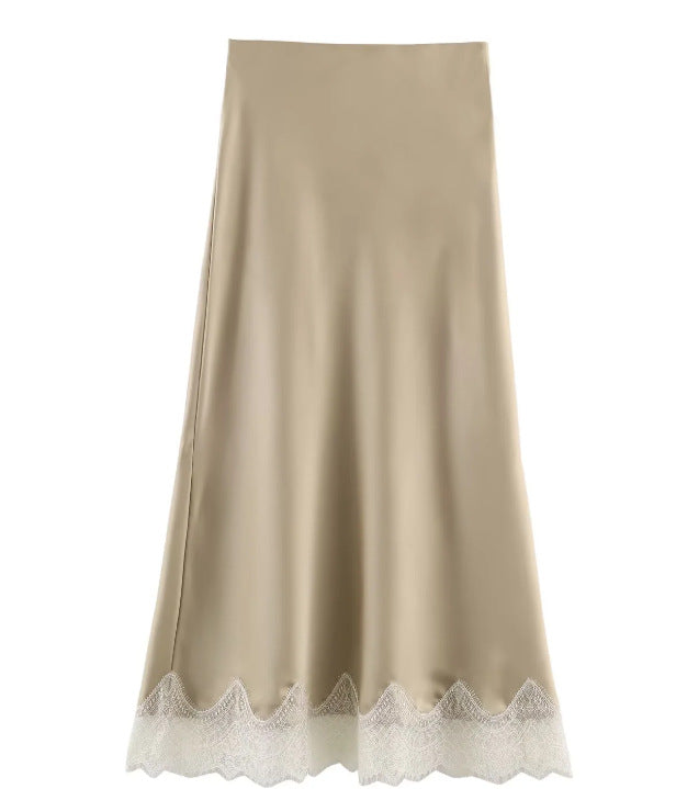 Women's Fashion Lace Silk Satin Texture Midi Skirt