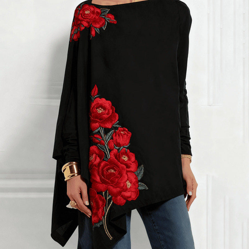 Autumn Irregular Hem Loose Casual Print Batwing Sleeve Bottoming Women's T-shirt
