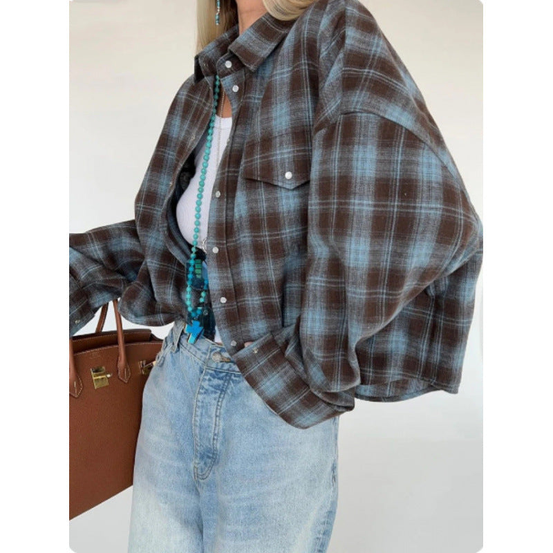 Women's Style Lapel Loose Shirt Autumn Plaid Long Blouse