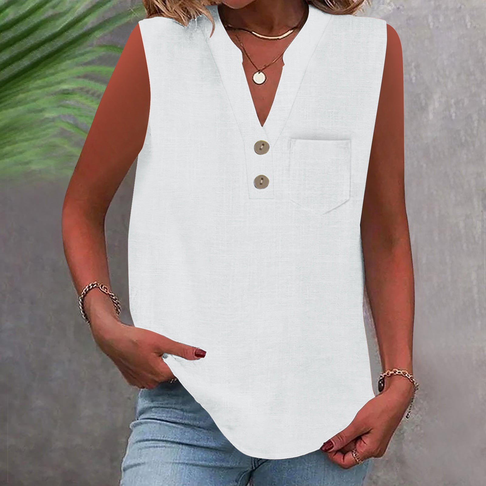 Women's Large Loose Slub Cotton Pocket Idle Tops