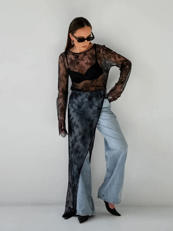 Women's Sexy Black Jacquard Lace Knitted Slit Dress
