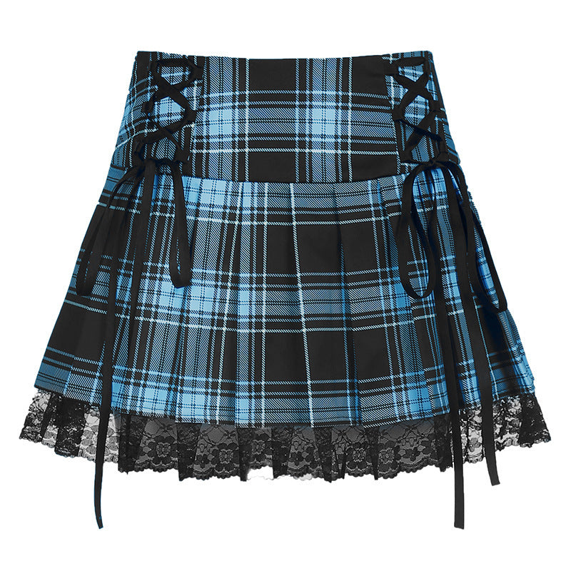 Winter Sexy Lace Plaid Pleated Sheath Skirts