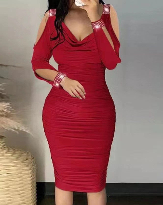 Classic Women's Rhinestone Pleated Tight Sheath Dress
